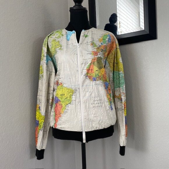 VINTAGE 80s Wearin' the World Tyvek World Map Full-zip Bomber Jacket - Picture 1 of 13